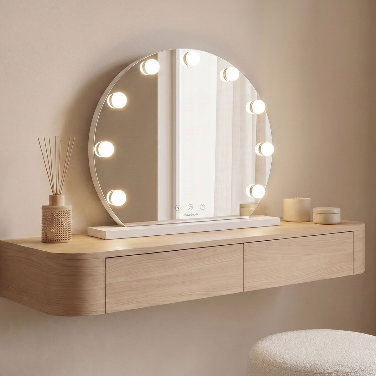 Round Vanity Mirror with LED Hollywood Gloette 9 Light bulbs