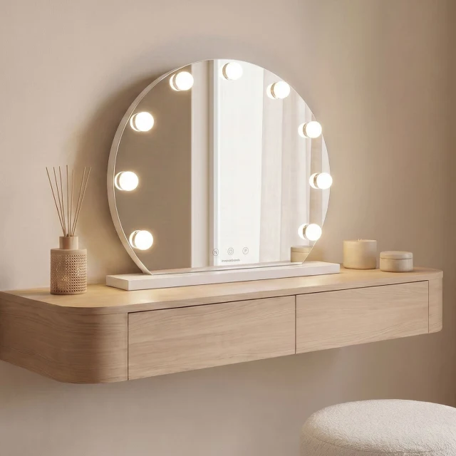 Round Vanity Mirror with LED Hollywood Gloette 9 Light bulbs