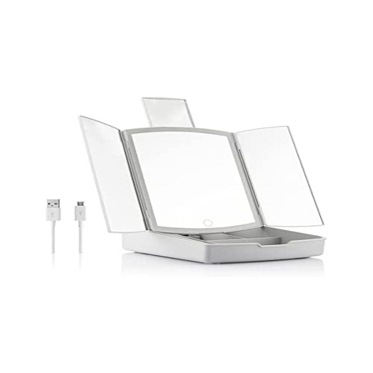 3-In-1 Folding LED Mirror with Make-up Organiser White (Refurbished B)