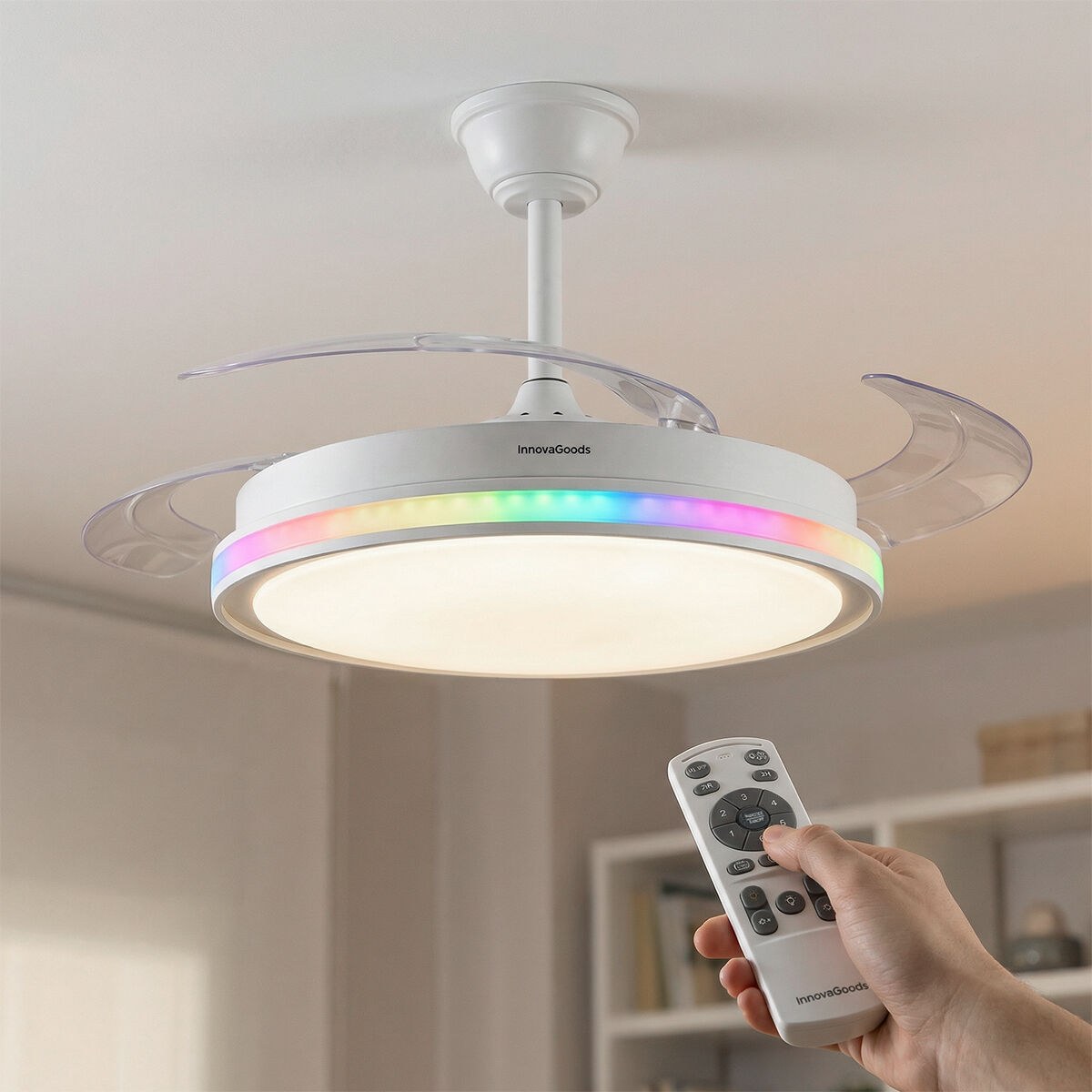 Ceiling Fan with RGB LED Light, 4 Retractable Blades and Remote Control