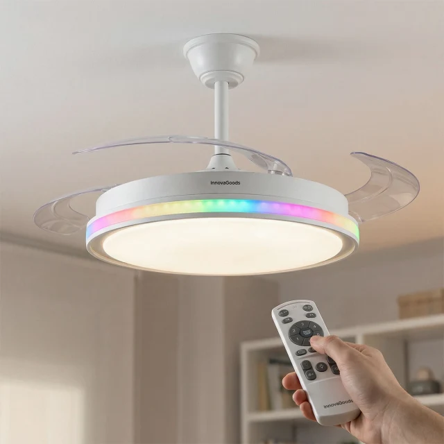 Ceiling Fan with RGB LED Light, 4 Retractable Blades and Remote Control