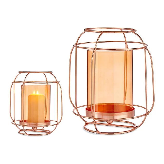 Candleholder Copper Amber Metal Glass 19 x 20 x 19 cm Lantern