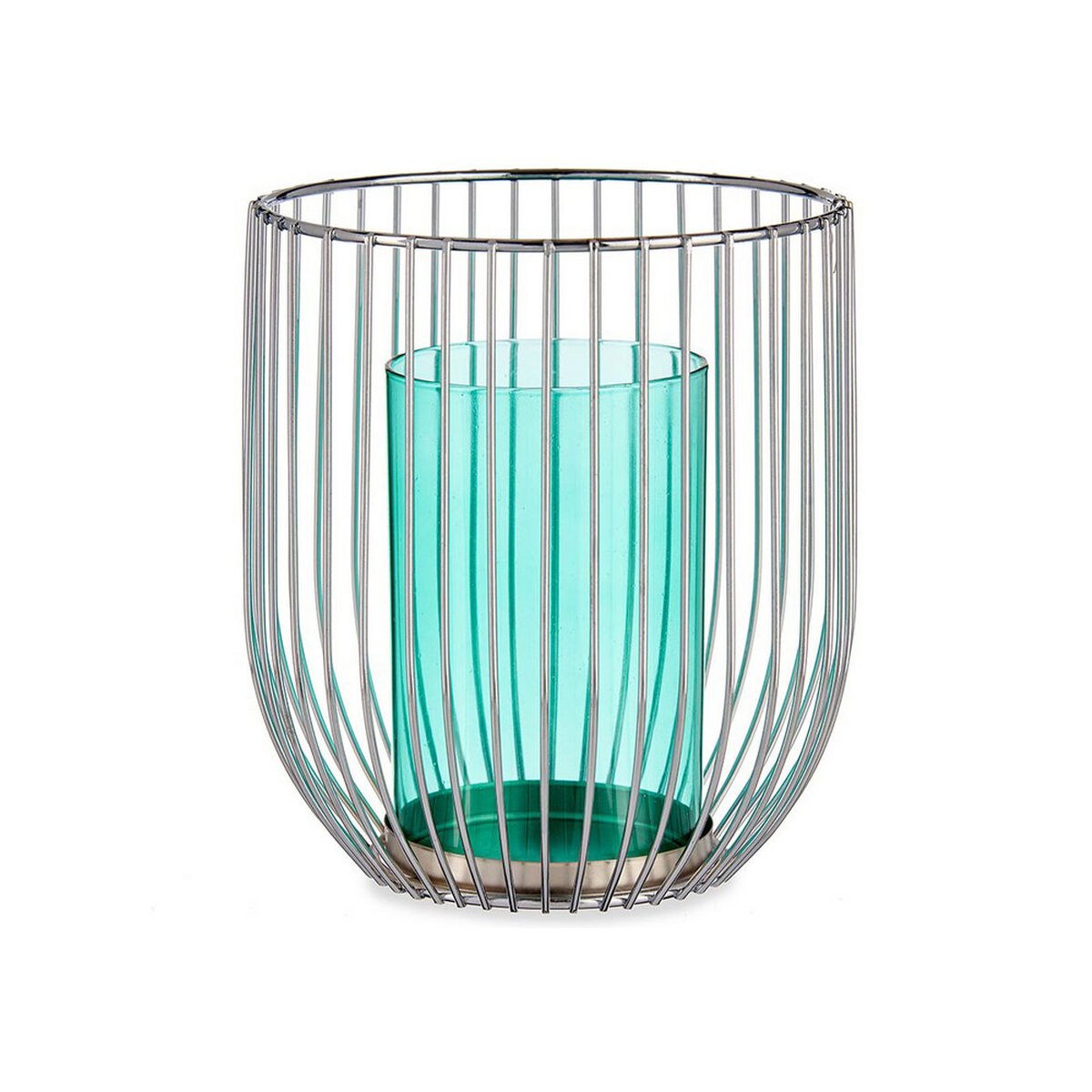 Candleholder Blue Silver Metal Glass 15 x 17 x 15 cm Cage