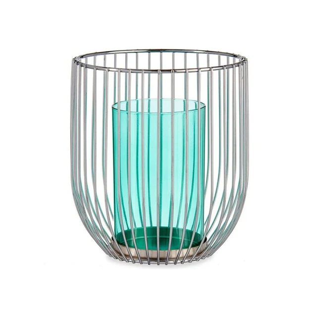 Candleholder Blue Silver Metal Glass 15 x 17 x 15 cm Cage