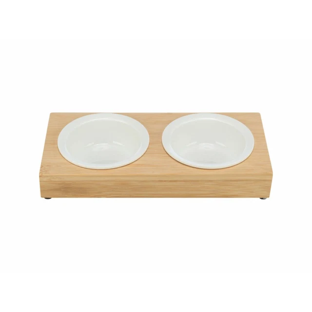 Dog Feeder White Natural Ceramic Bamboo Ø 12 cm 2 x 250 ml 30 × 5 × 14 cm