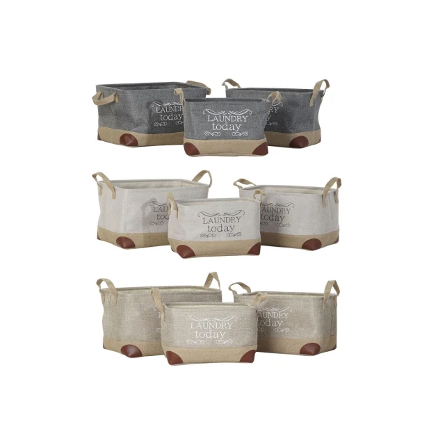 Multi-purpose basket Beige Grey Light brown 40 x 30 x 24 cm Wood 3 Pieces (3 Units)